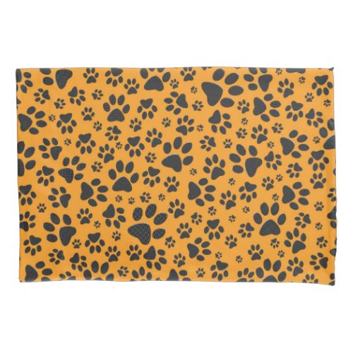 Dog Paws Black  White Polka Dot on dahlia orange Pillow Case