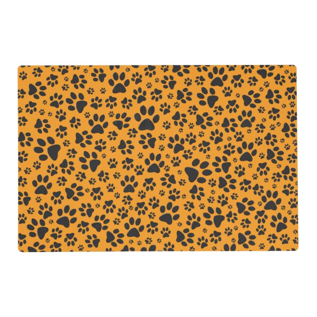 Dog Paws Black & White Polka Dot on dahlia orange Placemat (Front)