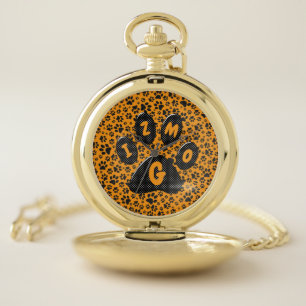 Dog Paws Black & White Polka Dot on dahlia orange Pocket Watch