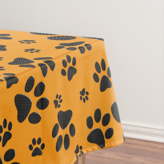 Dog Paws Black & White Polka Dot on dahlia orange Tablecloth (In Situ)