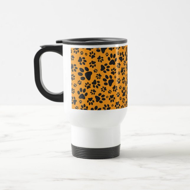 Dog Paws Black & White Polka Dot on dahlia orange Travel Mug (Left)