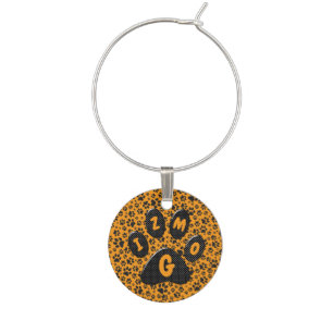 Dog Paws Black & White Polka Dot on dahlia orange Wine Charm