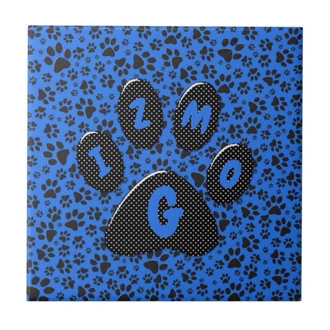 Dog Paws Black & White Polka Dot on tech blue Ceramic Tile (Front)