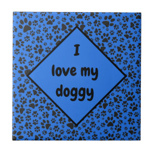 Dog Paws Black & White Polka Dot on tech blue Ceramic Tile