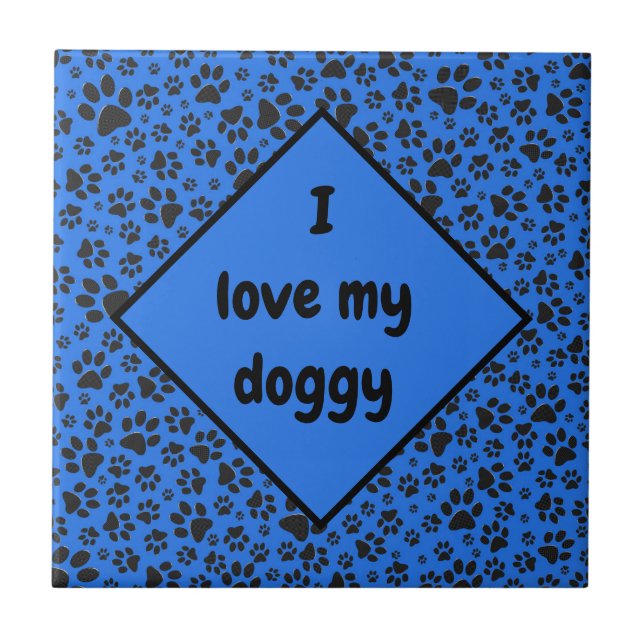 Dog Paws Black & White Polka Dot on tech blue Ceramic Tile (Front)
