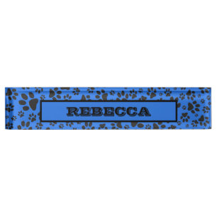 Dog Paws Black & White Polka Dot on tech blue Desk Name Plate