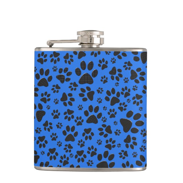 Dog Paws Black & White Polka Dot on tech blue Flask (Front)