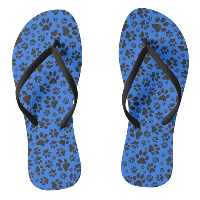 Dog Paws Black & White Polka Dot on tech blue Flip Flops (Footbed)