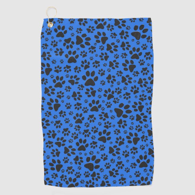 Dog Paws Black & White Polka Dot on tech blue Golf Towel (Front)