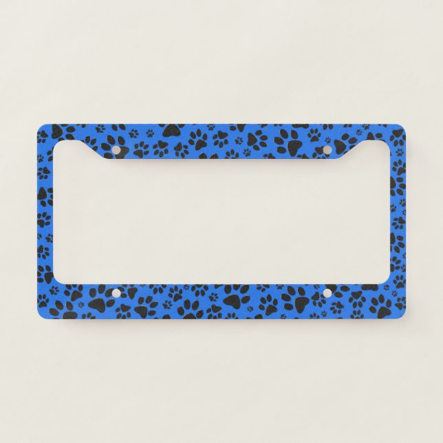 Dog Paws Black & White Polka Dot on tech blue License Plate Frame (Front)