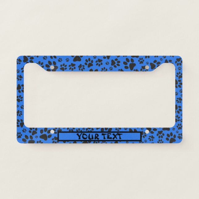 Dog Paws Black & White Polka Dot on tech blue License Plate Frame (Front)