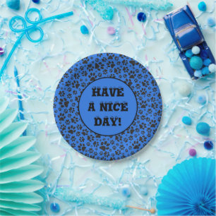 Dog Paws Black & White Polka Dot on tech blue Pape Paper Plates