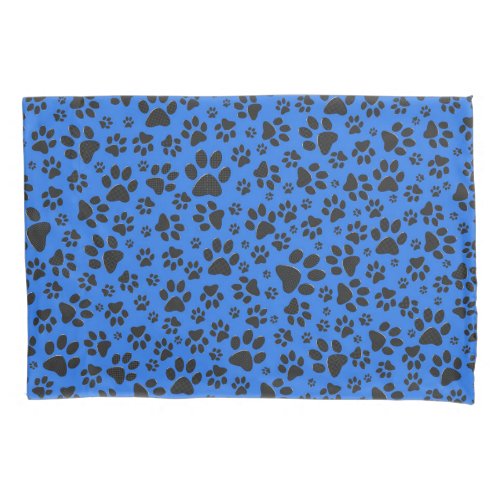 Dog Paws Black  White Polka Dot on tech blue Pillow Case