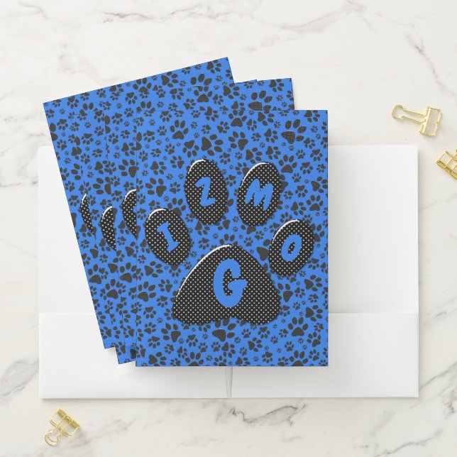 Dog Paws Black & White Polka Dot on tech blue Pocket Folder (In Situ)