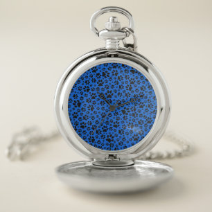 Dog Paws Black & White Polka Dot on tech blue Pocket Watch