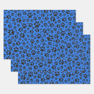 Dog Paws Black & White Polka Dot on tech blue Wrapping Paper Sheets
