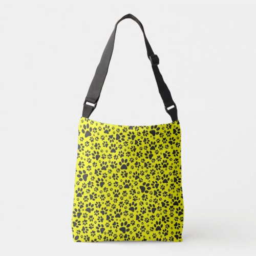 Dog Paws Black  White Polka Dot on yellow Crossbody Bag