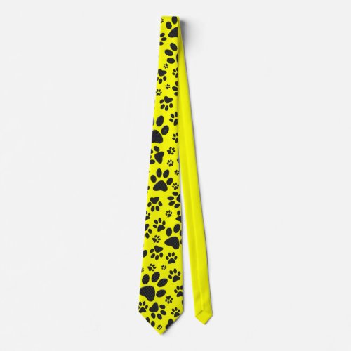 Dog Paws Black  White Polka Dot on yellow Neck Tie