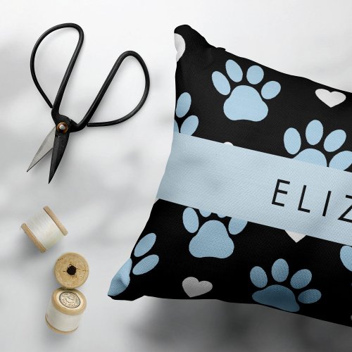 Dog Paws Blue Paws White Hearts Your Name Accent Pillow
