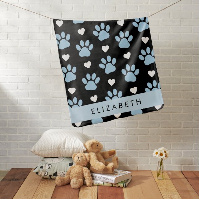 Dog Paws, Blue Paws, White Hearts, Your Name Baby Blanket (In Situ)