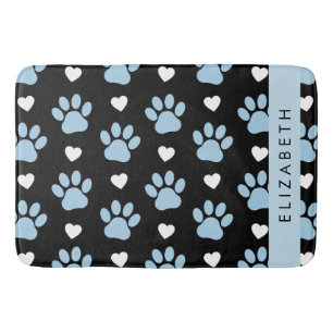 Dog Paws, Blue Paws, White Hearts, Your Name Bath Mat