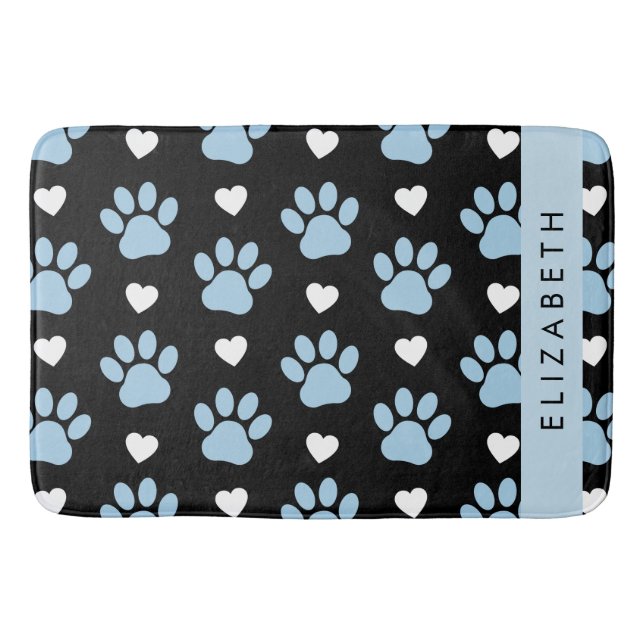 Dog Paws, Blue Paws, White Hearts, Your Name Bath Mat (Front)