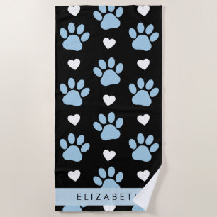 Dog Paws, Blue Paws, White Hearts, Your Name Beach Towel