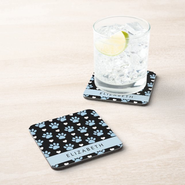 Dog Paws, Blue Paws, White Hearts, Your Name Beverage Coaster (Right Side)