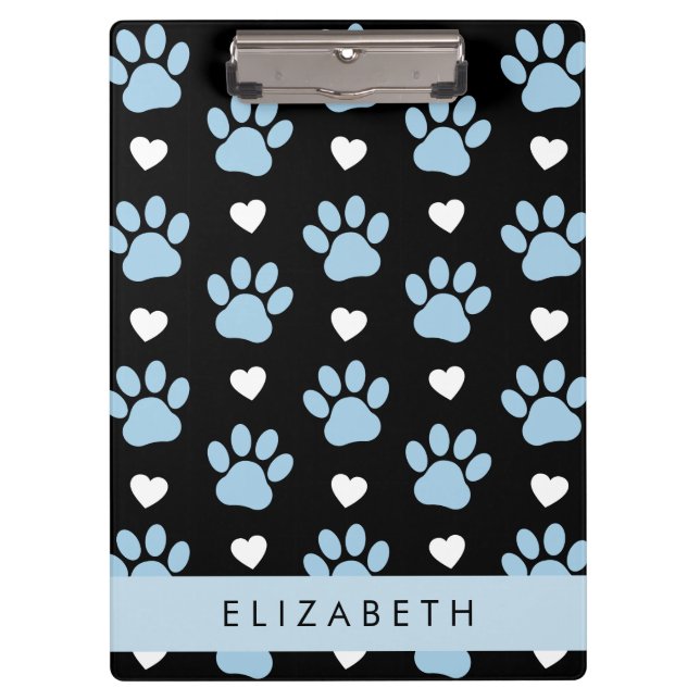 Dog Paws, Blue Paws, White Hearts, Your Name Clipboard (Front)