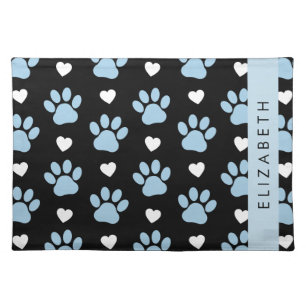 Dog Paws, Blue Paws, White Hearts, Your Name Cloth Placemat