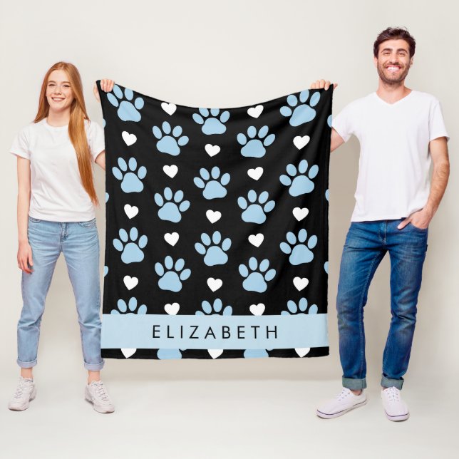 Dog Paws, Blue Paws, White Hearts, Your Name Fleece Blanket (In Situ)