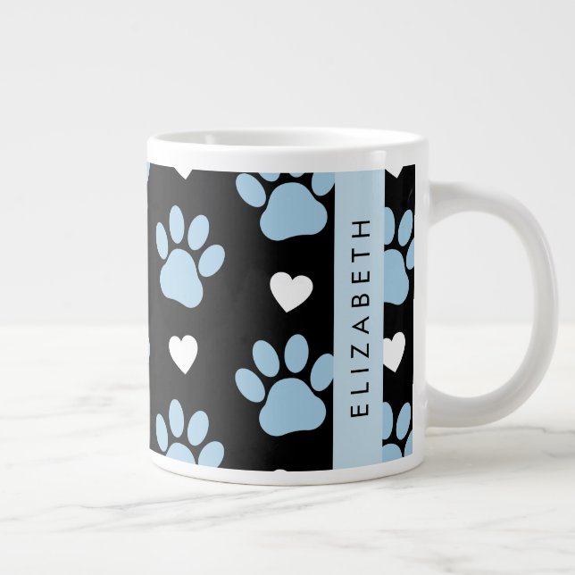 Dog Paws, Blue Paws, White Hearts, Your Name Giant Coffee Mug (Right)