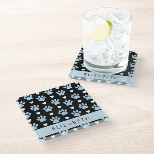 Dog Paws Blue Paws White Hearts Your Name Glass Coaster