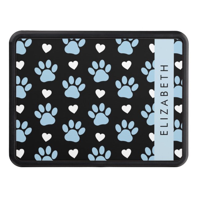 Dog Paws, Blue Paws, White Hearts, Your Name Hitch Cover (Front)
