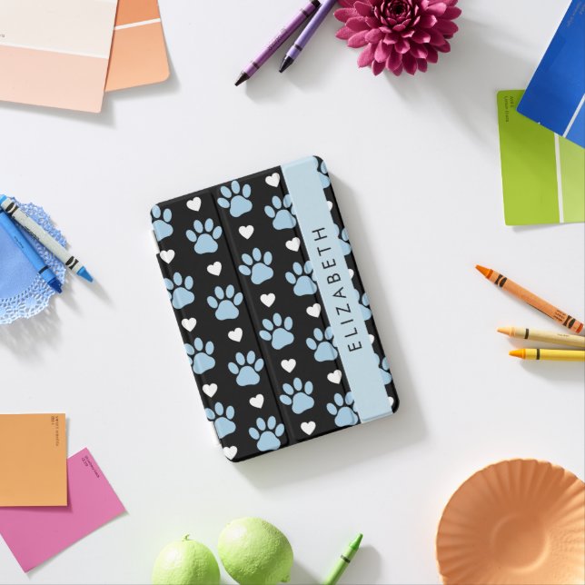 Dog Paws, Blue Paws, White Hearts, Your Name iPad Mini Cover (In Situ)