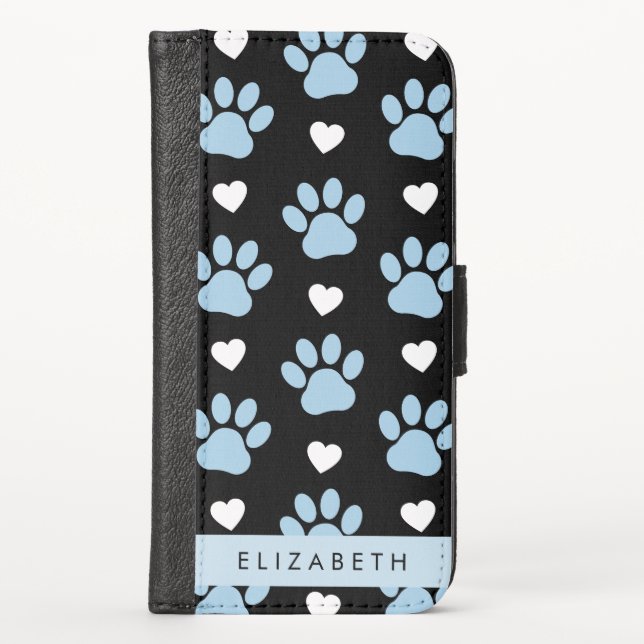 Dog Paws, Blue Paws, White Hearts, Your Name iPhone Wallet Case (Front)