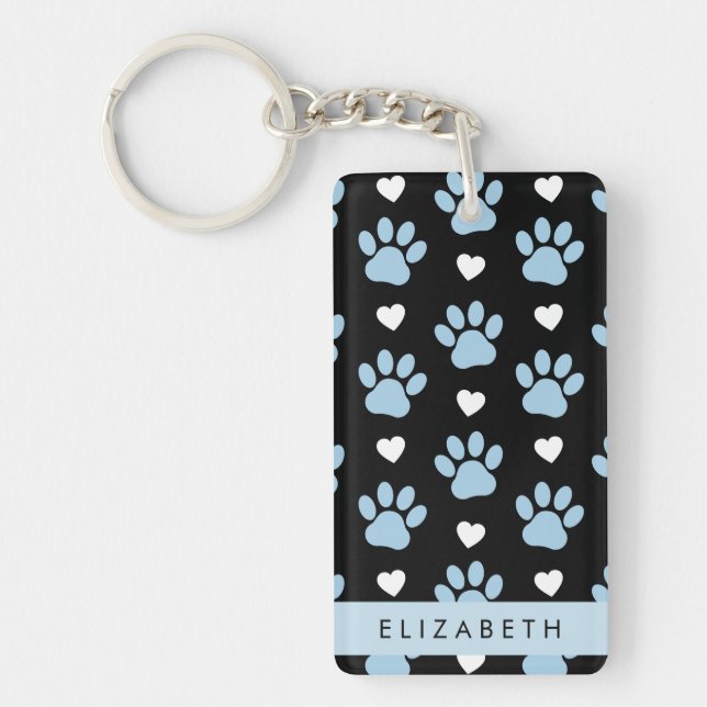 Dog Paws, Blue Paws, White Hearts, Your Name Keychain (Front)