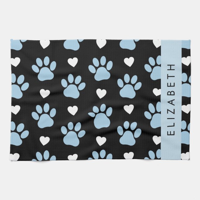 Dog Paws, Blue Paws, White Hearts, Your Name Kitchen Towel (Horizontal)