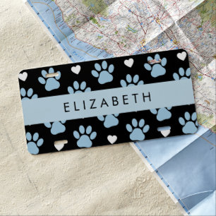 Dog Paws, Blue Paws, White Hearts, Your Name License Plate