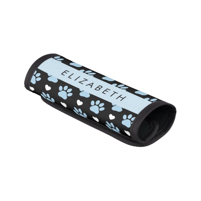 Dog Paws, Blue Paws, White Hearts, Your Name Luggage Handle Wrap (Angled)