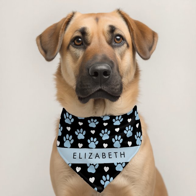 Dog Paws, Blue Paws, White Hearts, Your Name Pet Bandana Collar (Dog 2)