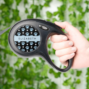 Dog Paws, Blue Paws, White Hearts, Your Name Retractable Pet Leash