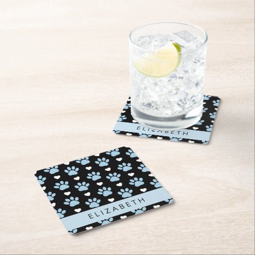 Dog Paws Blue Paws White Hearts Your Name Square Paper Coaster