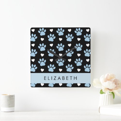 Dog Paws Blue Paws White Hearts Your Name Square Wall Clock