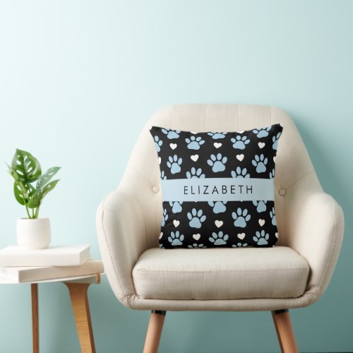 Dog Paws Blue Paws White Hearts Your Name Throw Pillow