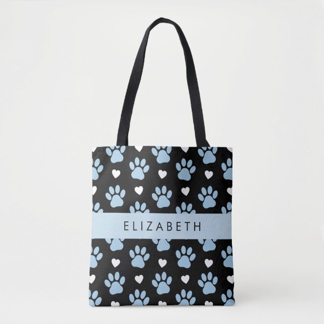 Dog Paws, Blue Paws, White Hearts, Your Name Tote Bag (Front)