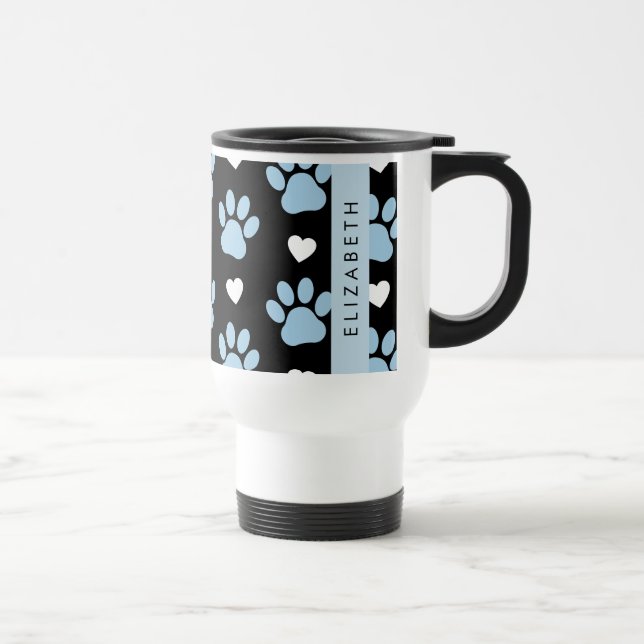 Dog Paws, Blue Paws, White Hearts, Your Name Travel Mug (Right)