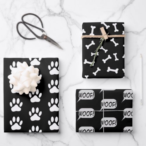 Dog Paws Bones Dog Lovers Black And White Pattern Wrapping Paper Sheets