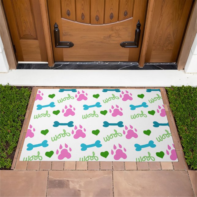 Dog Paws Bones Hearts Woof Pattern Pink Doormat (Outdoor)