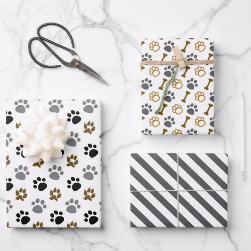 Dog Paws Bones Wrapping Paper set of 3